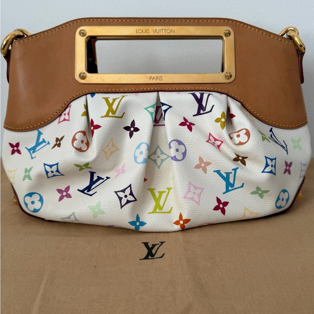 Louis Vuitton Murakami Judy PM Monogram White Canvas Shoulder Bag with Tan Trim